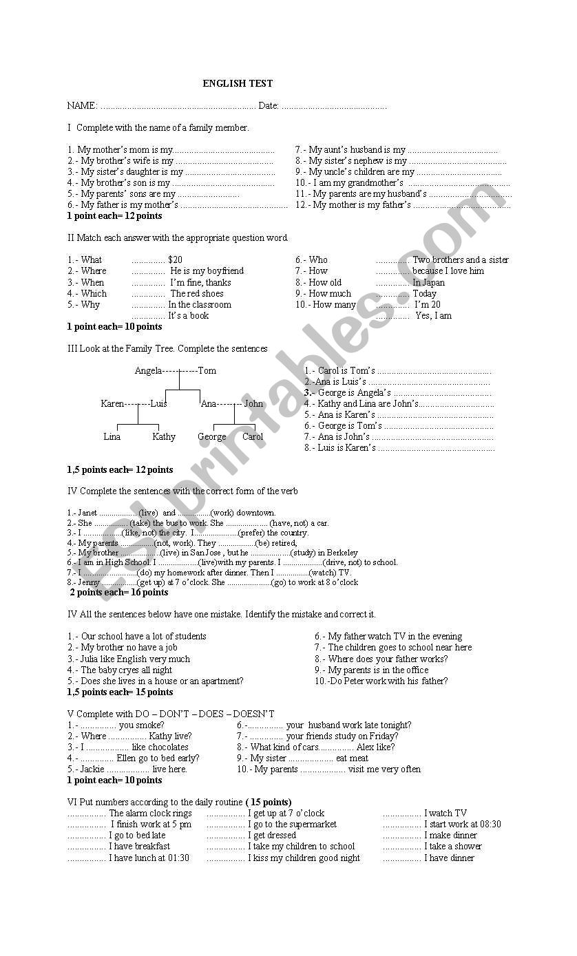 Simple Present and Family worksheet