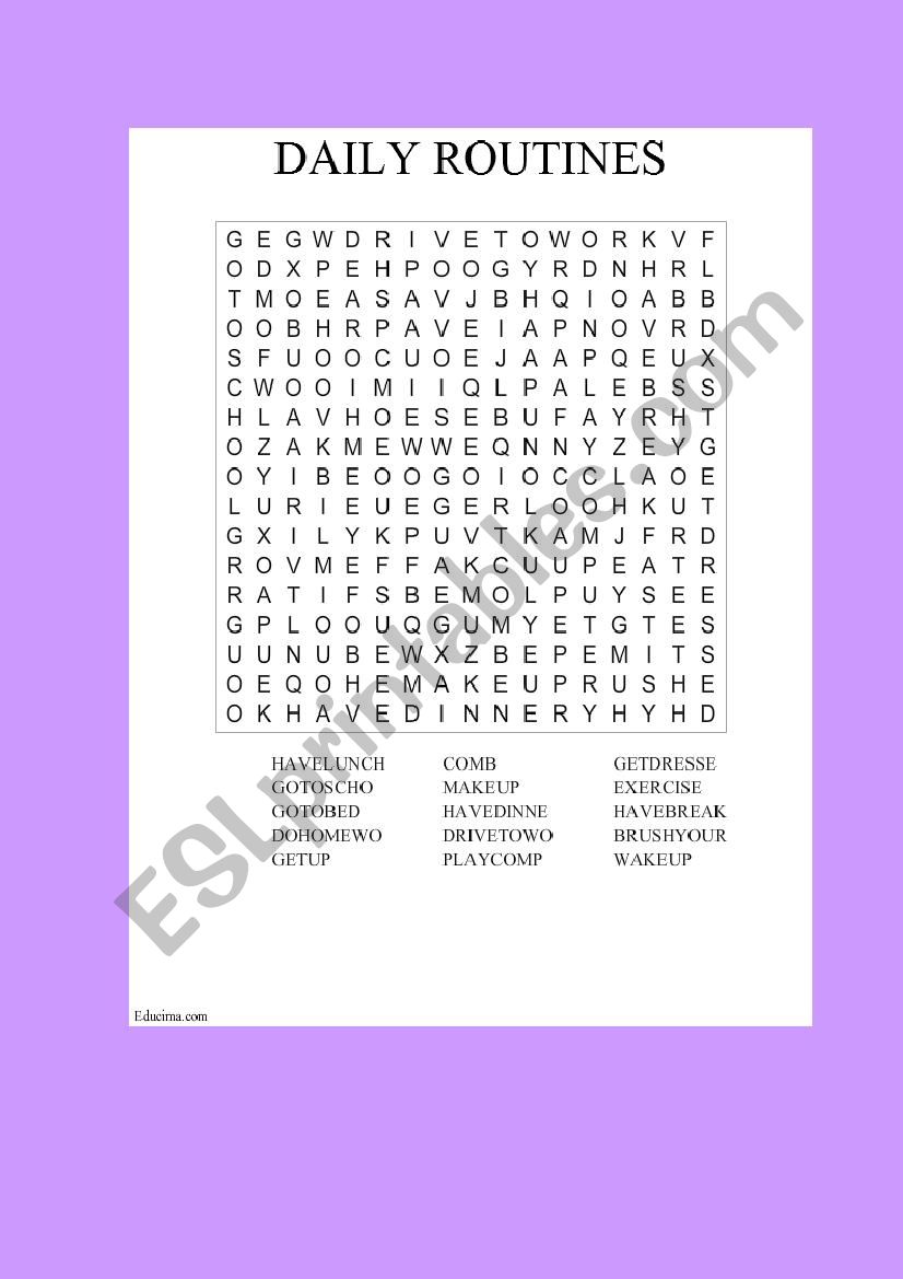daily routines wordsearch worksheet