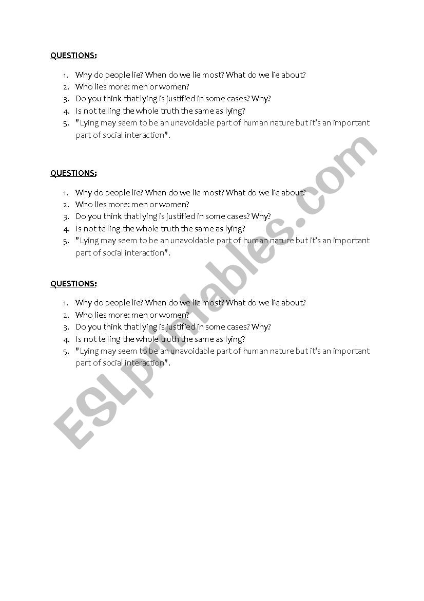 LIES - QUESTIONS worksheet