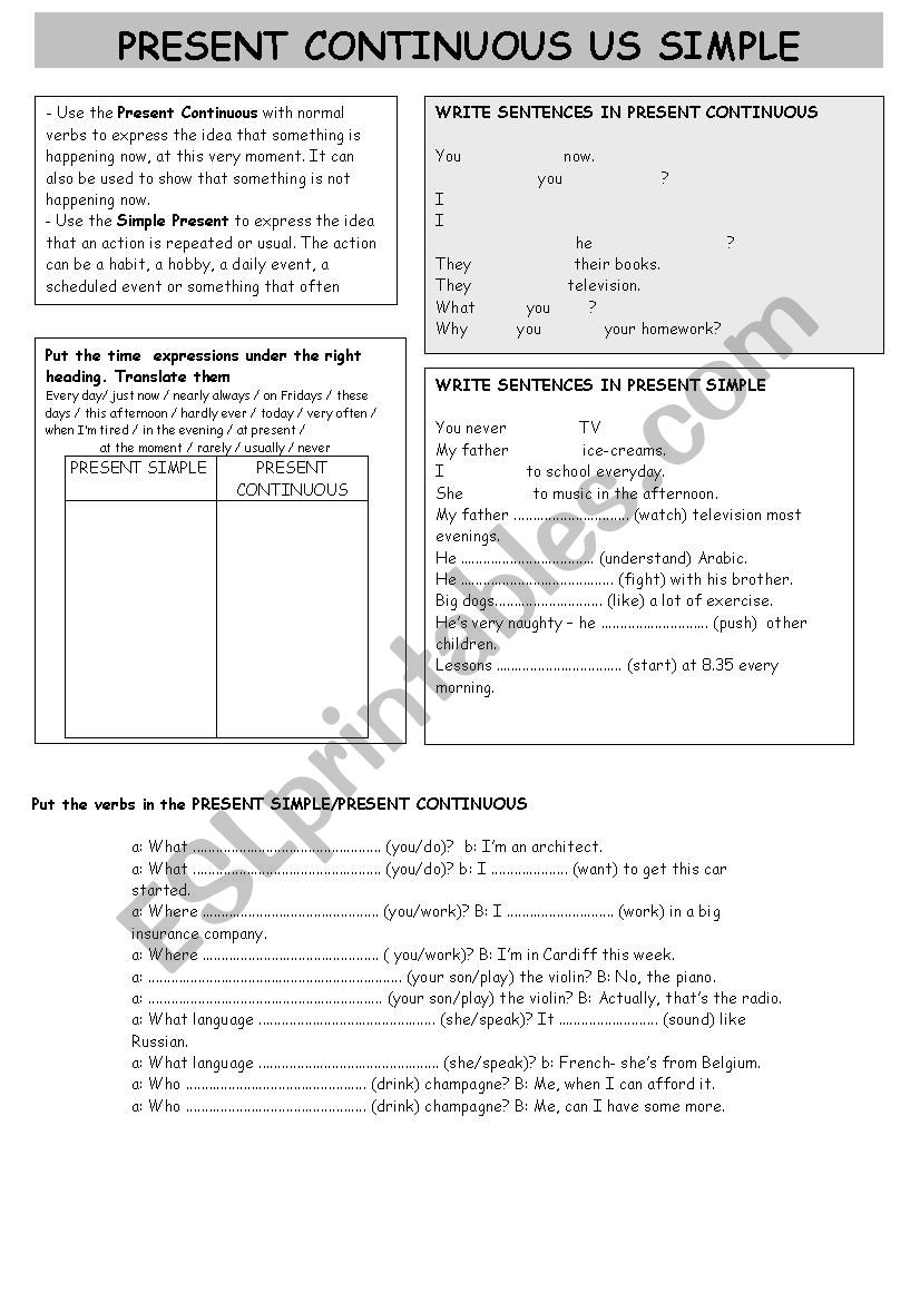 PRESENT CONTINUOUS US SIMPLE worksheet