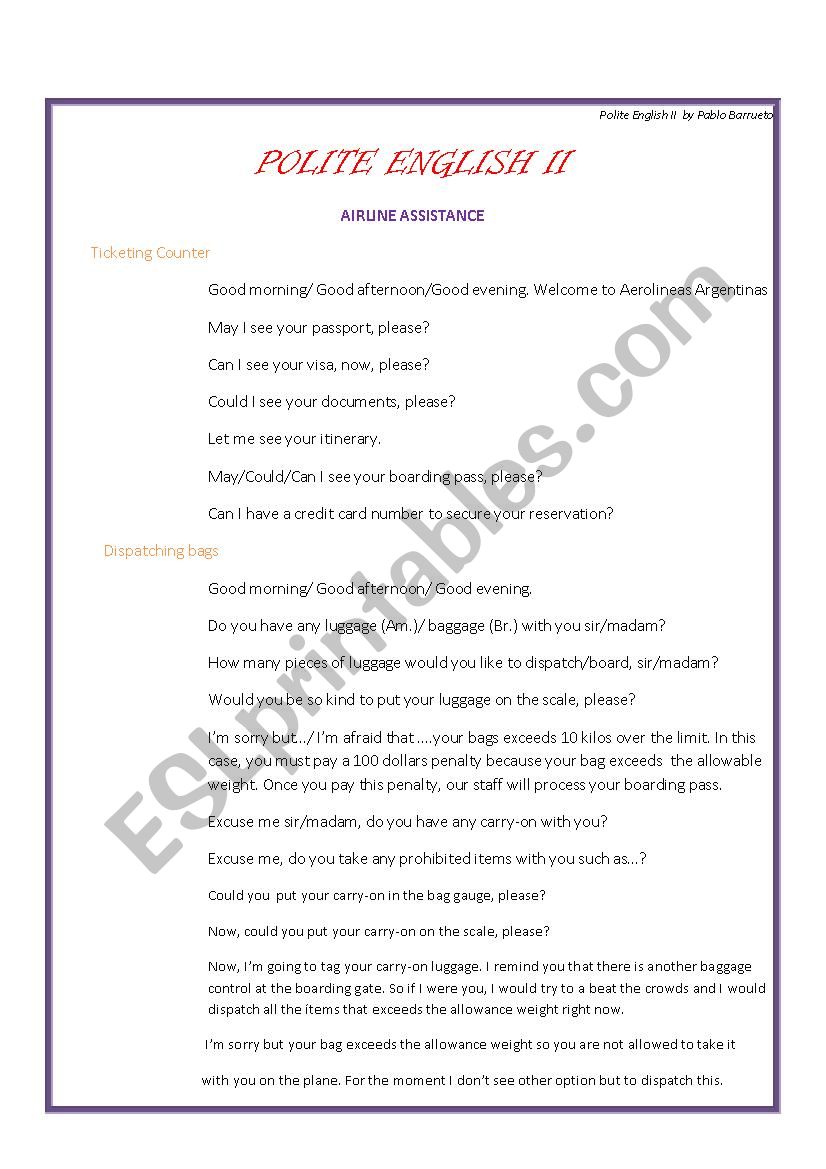 Polite English for airlines worksheet