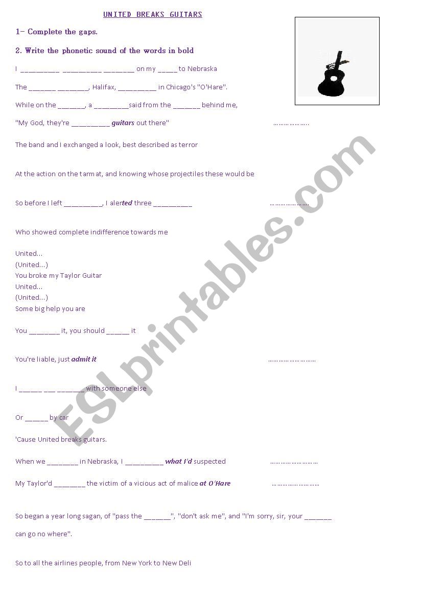 United breaks guitars (song) worksheet