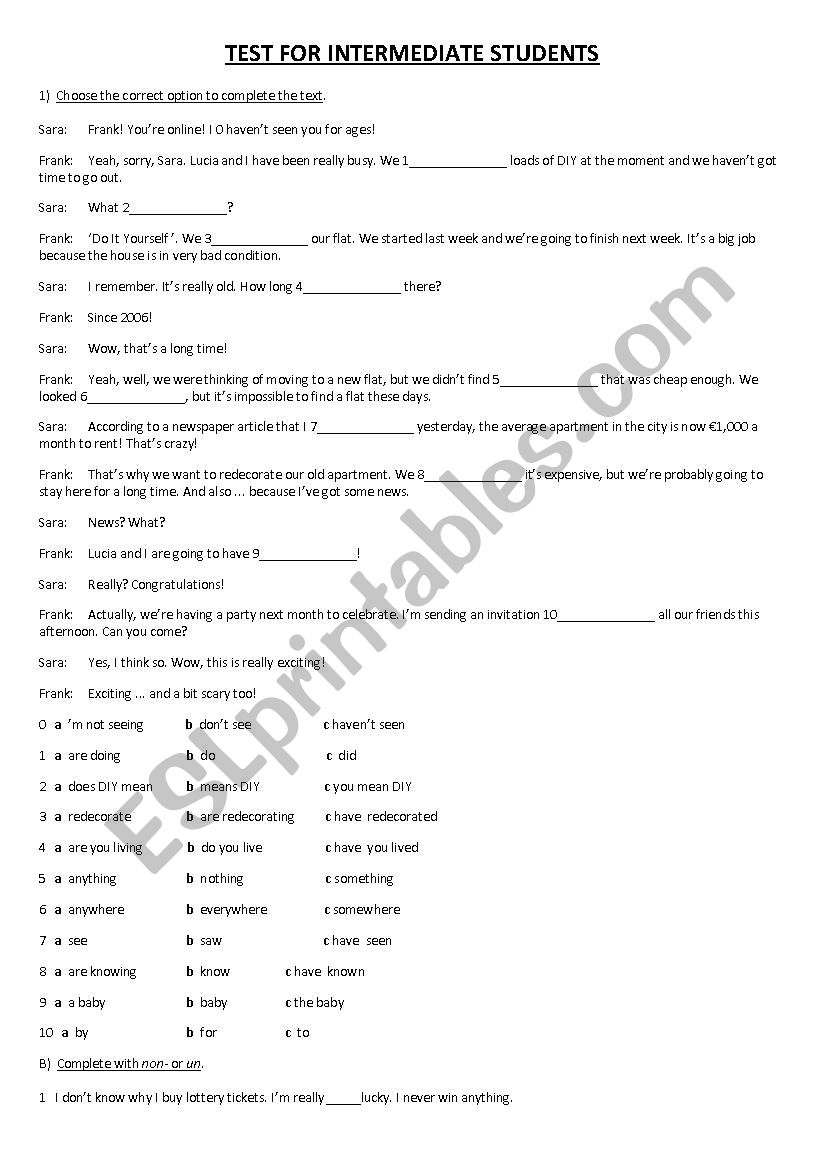 TEST FOR INTERMEDIATE STUDENTS