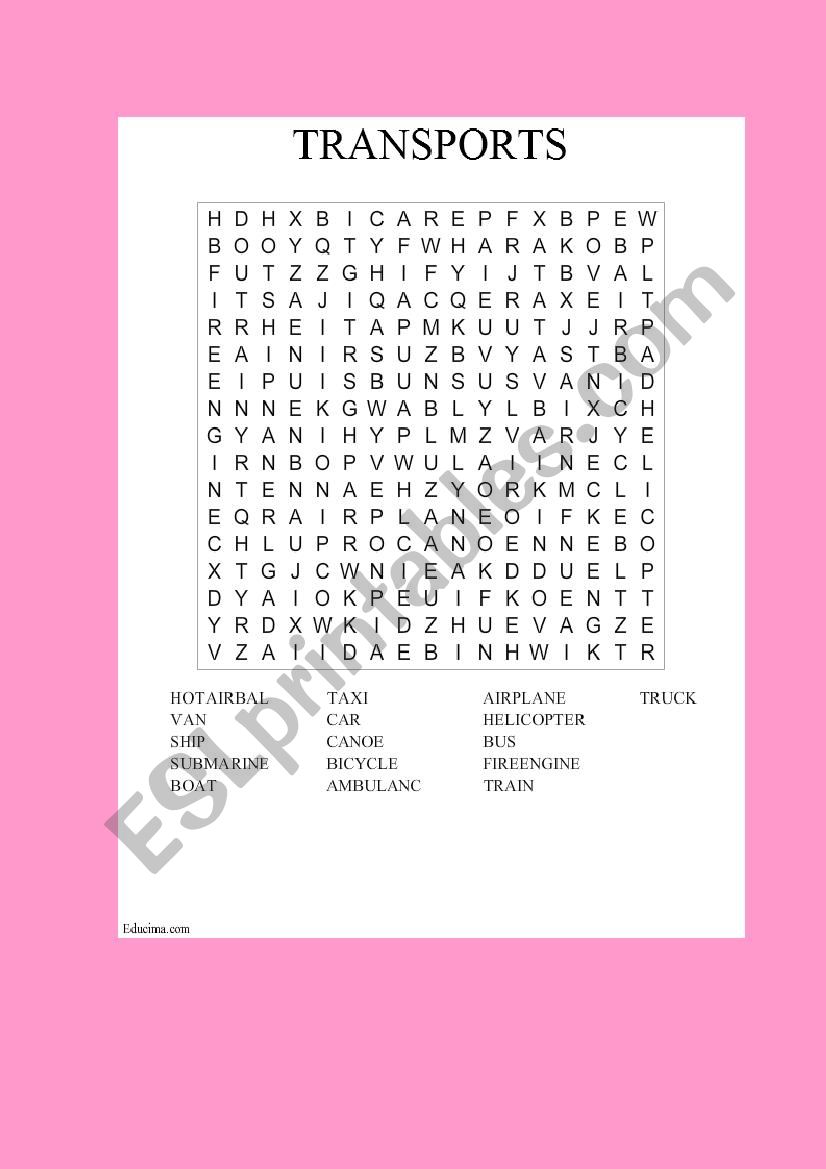 TRANSPORTS WORDSEARCH worksheet