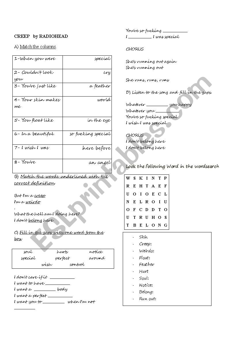 Song Creep worksheet