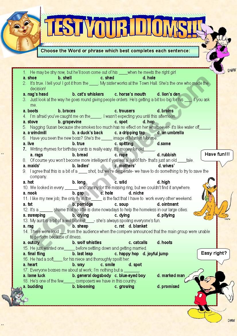 NICE PRACTICE CONTAINING IDIOMS FROM WORKSHEET 01+ ANSWER KEY AND EXPLANATIONS TO WHY FOR THE ANSWERS.. ENJOY!!! ;)