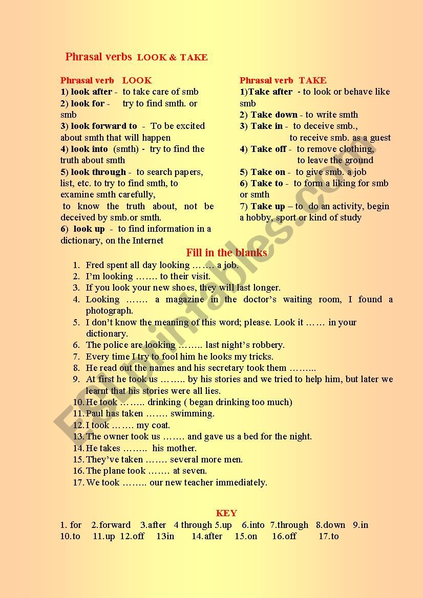 Phrasal verbs look & take worksheet