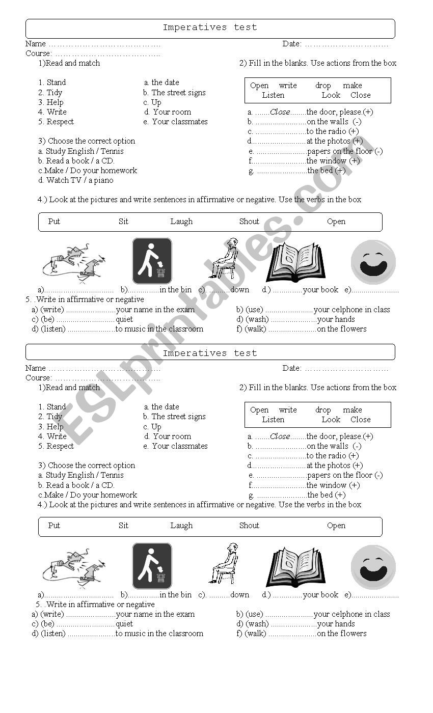 imperatives test worksheet