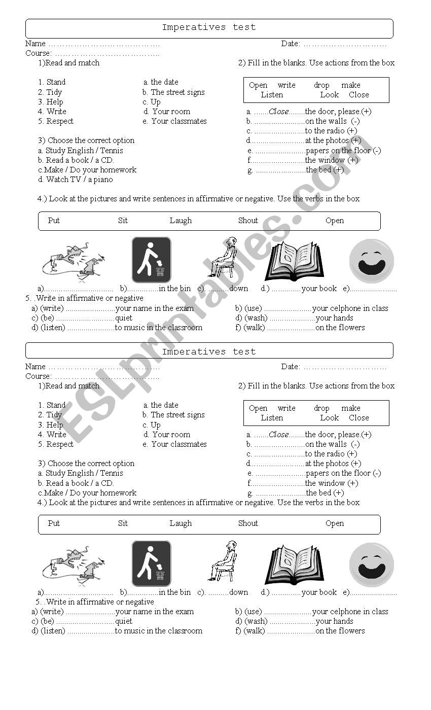 imperatives test worksheet