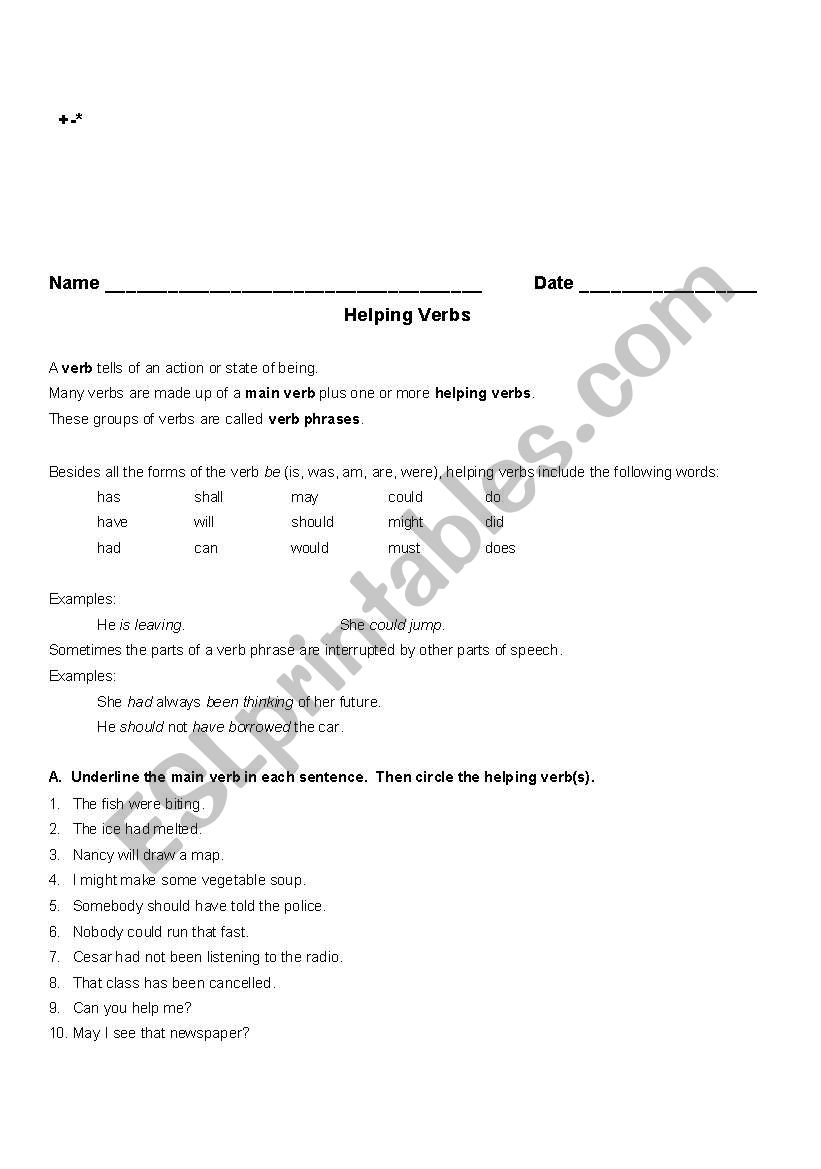 Helping Verbs worksheet