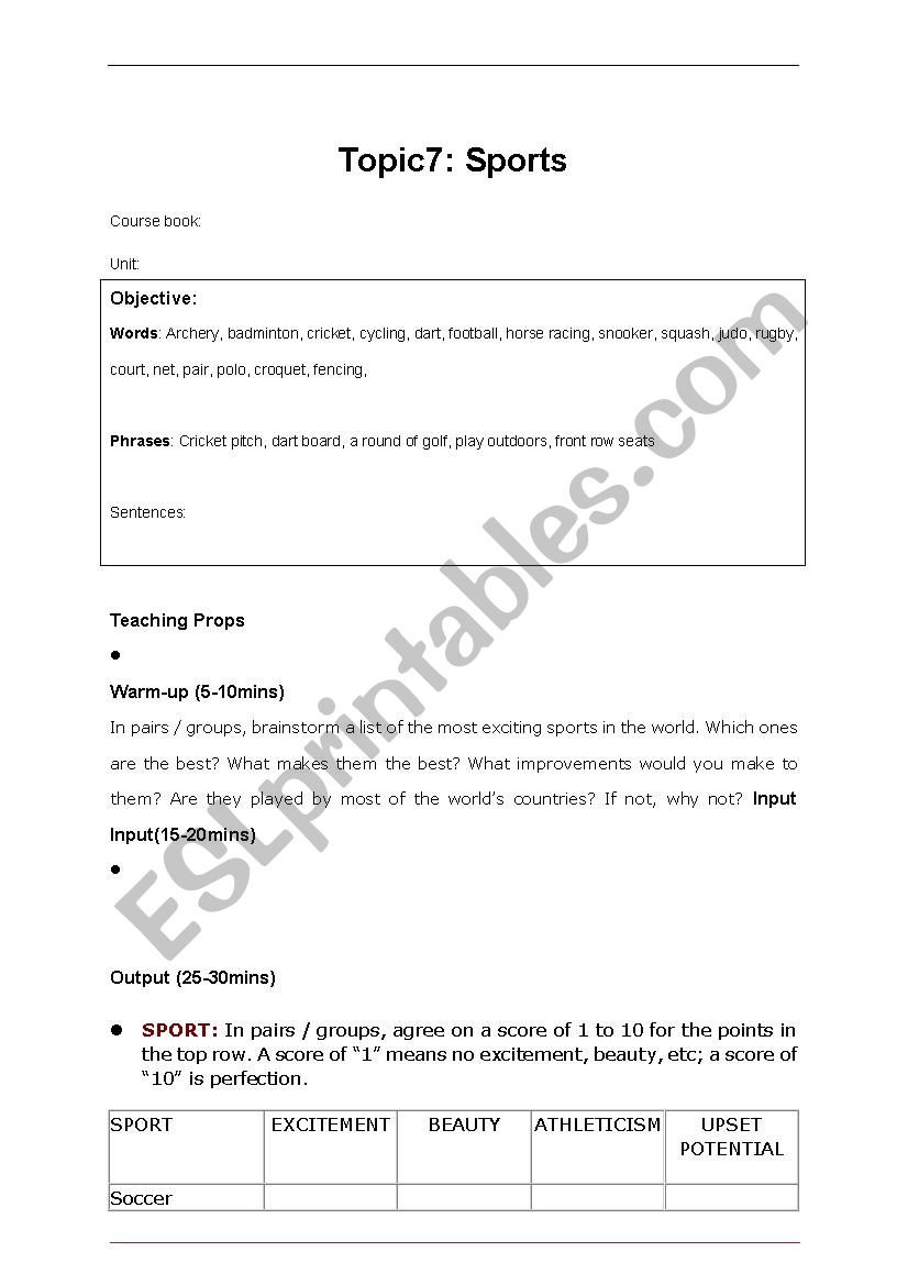 Sports worksheet