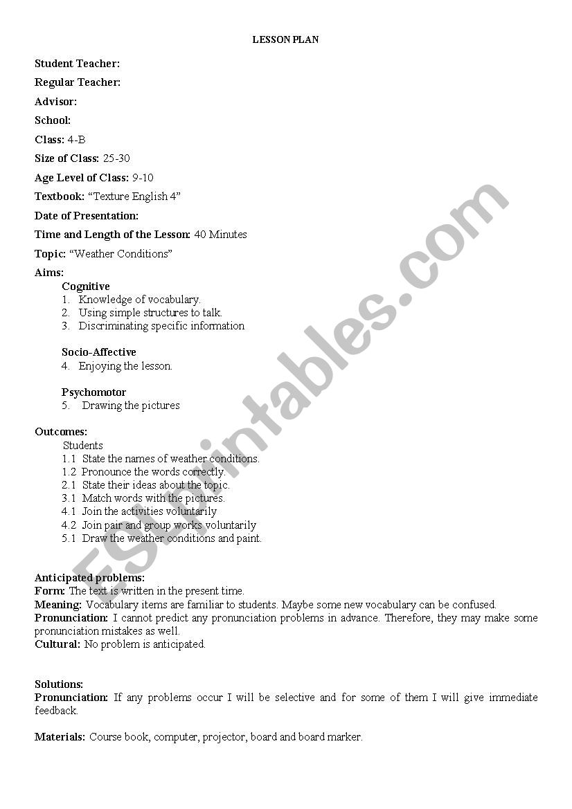 Lesson Plan for Weather Conditions 