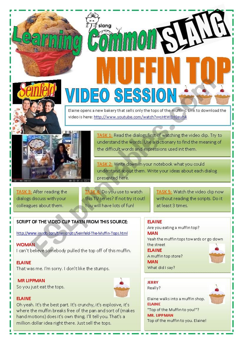 SLANG - Learning Common Slang - MUFFIN TOPS Part 1 of 2 (4 pages) -VIDEO LINK - A complete worksheet with 10 exercises and instructions