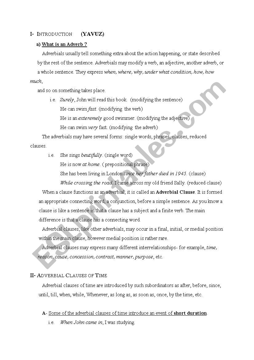 aDVERBAL cLAUSES worksheet