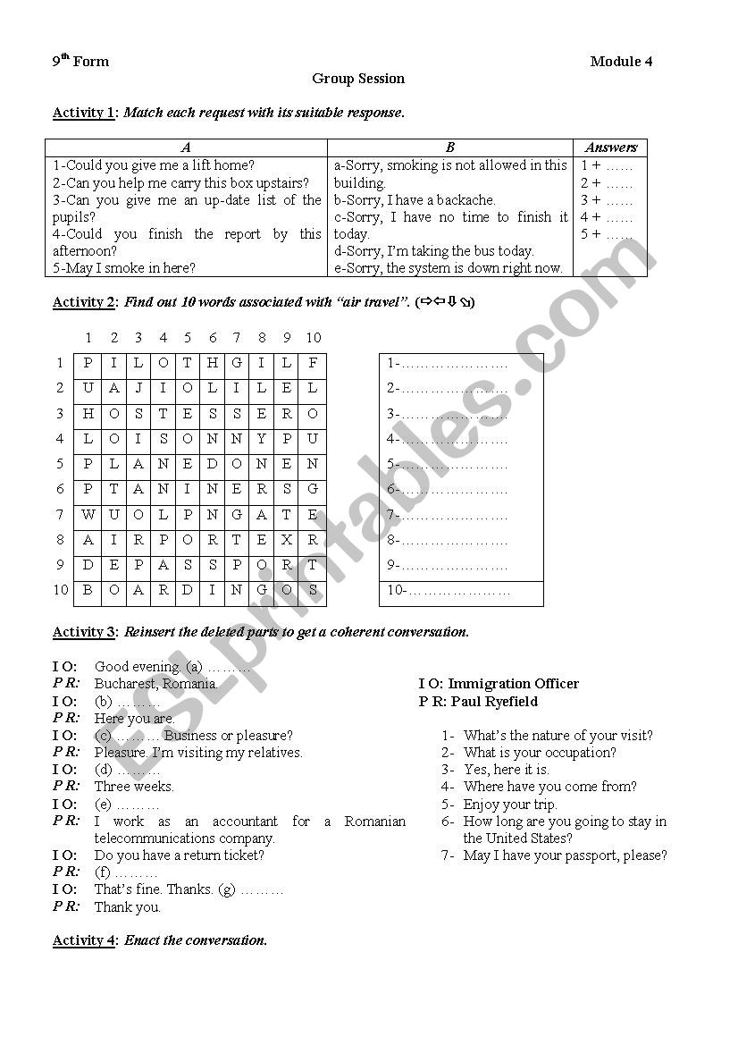 Air Travel worksheet