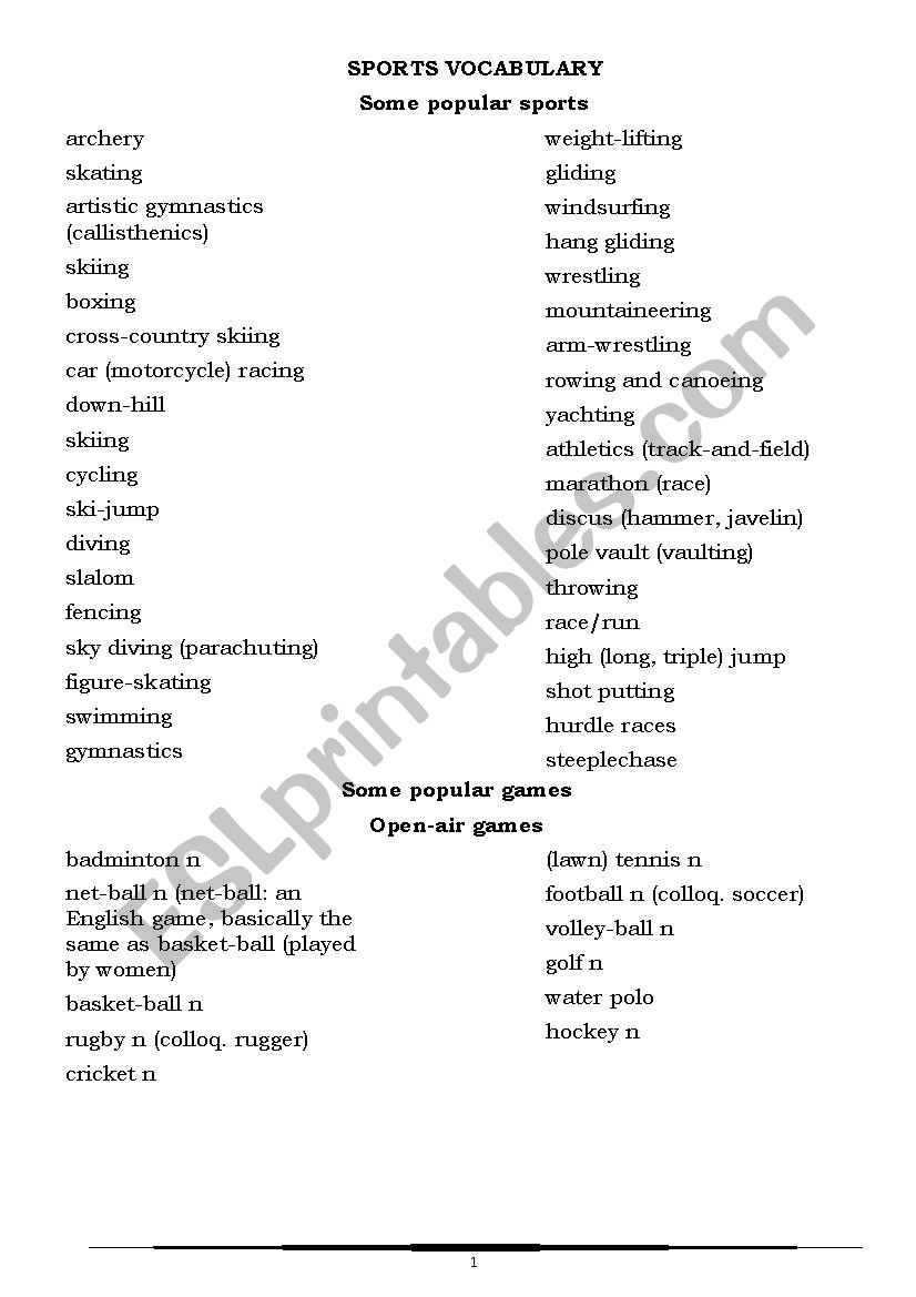 SPORTS VOCABULARY worksheet