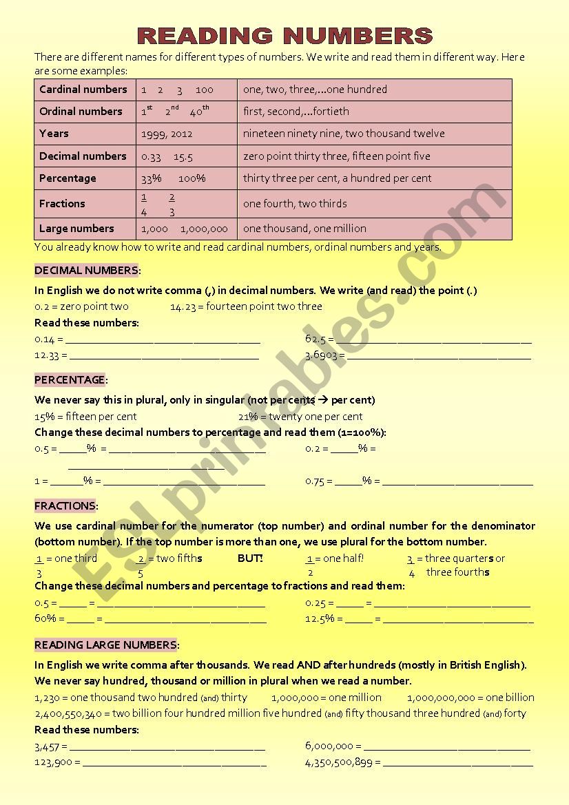 Reading numbers worksheet