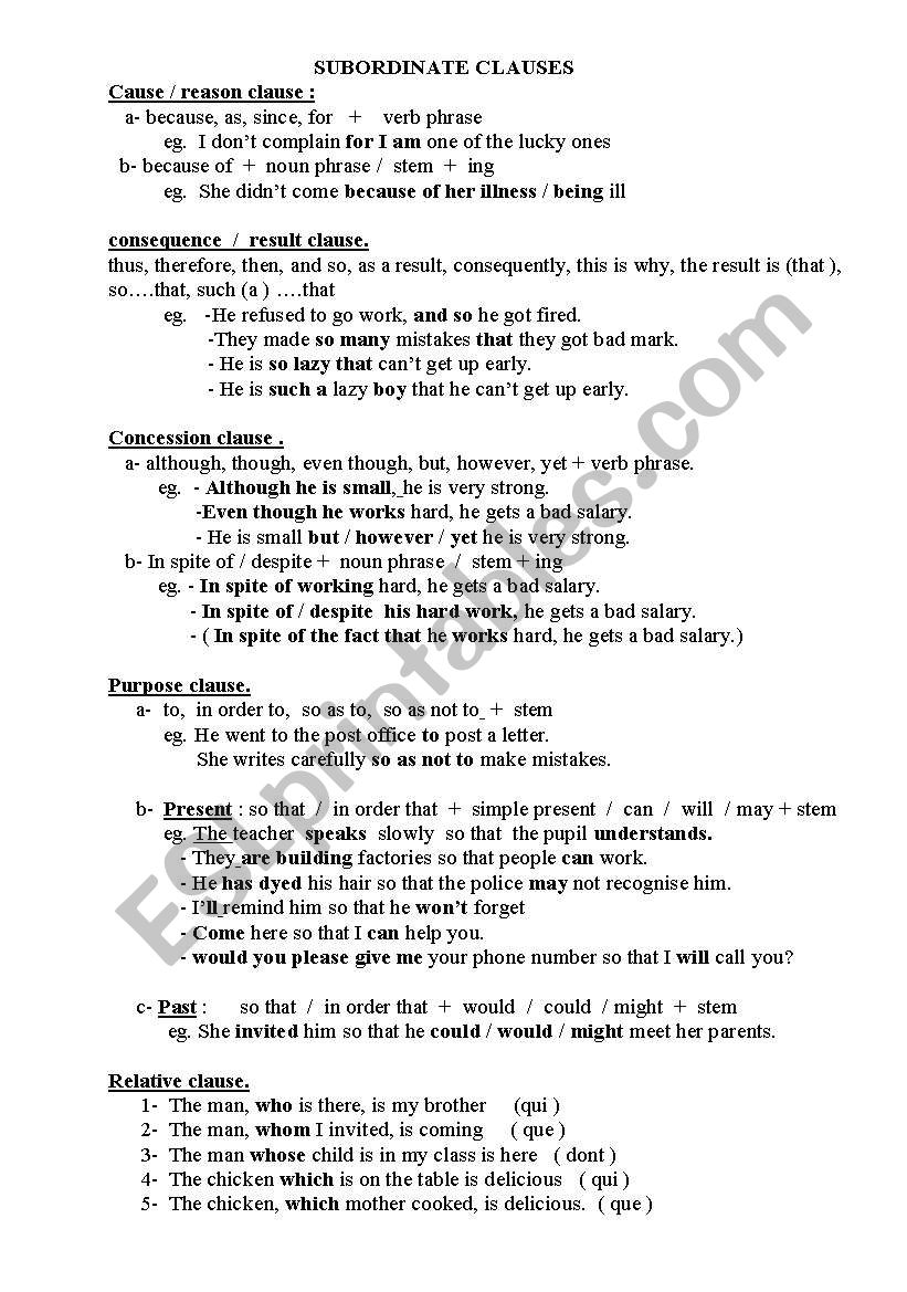 SUBORDINATE CLAUSES worksheet