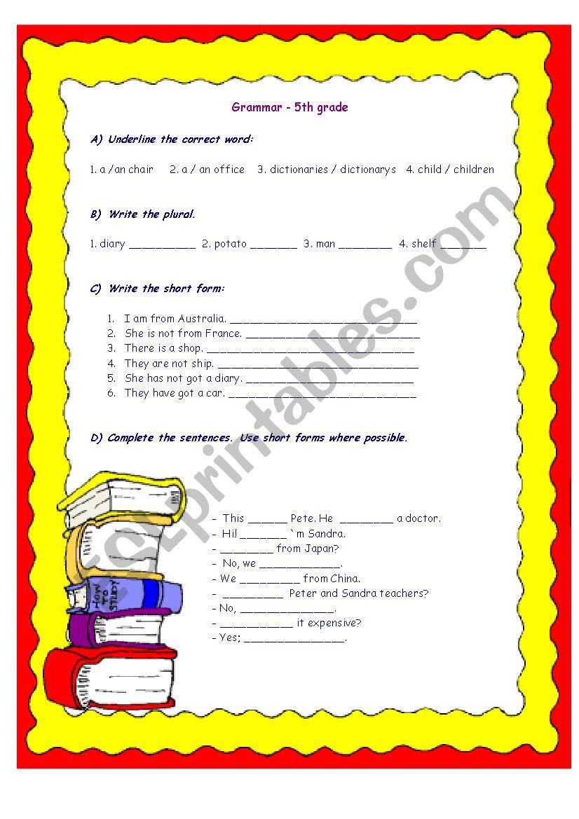 grammar test for 5th grades worksheet