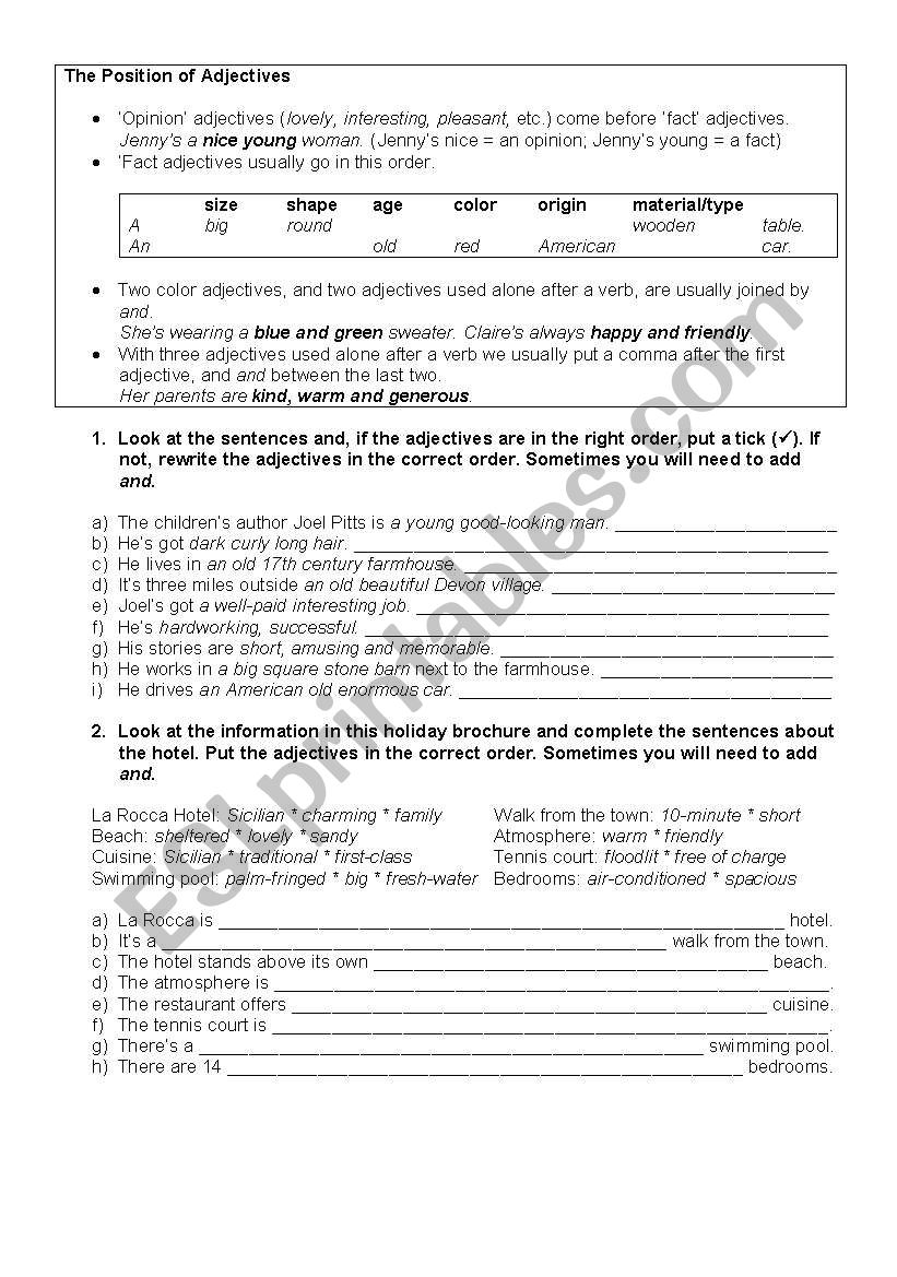 Position of Adjectives worksheet