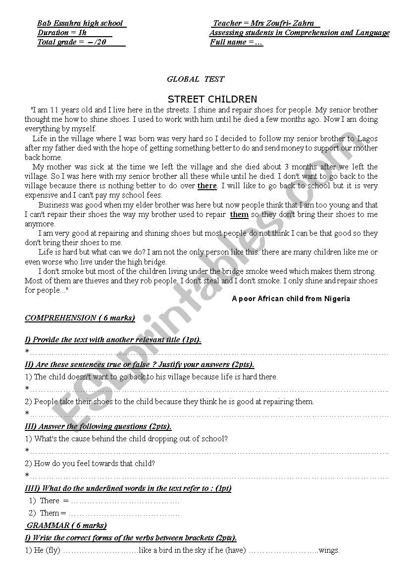  street child worksheet