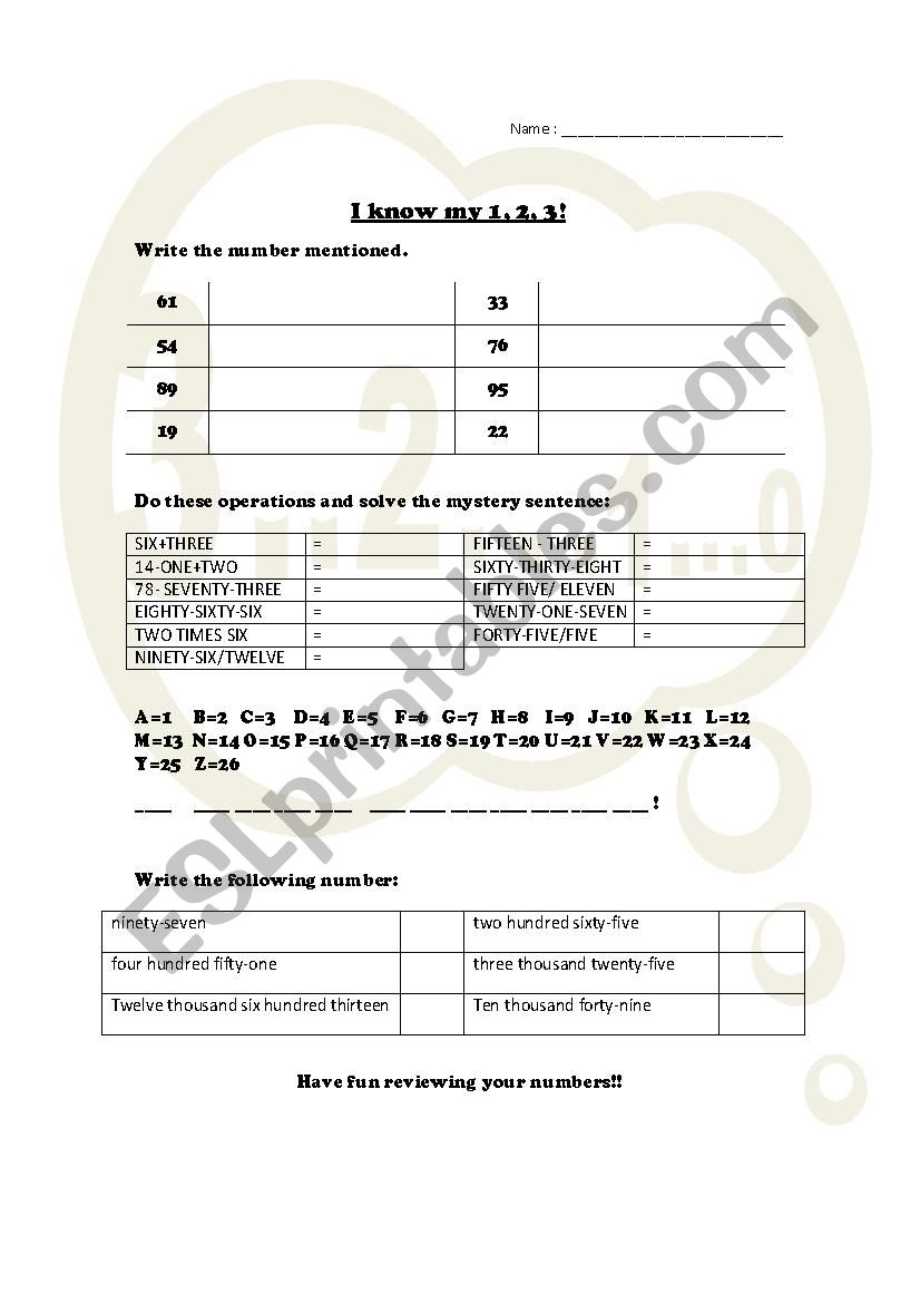 Review numers  worksheet