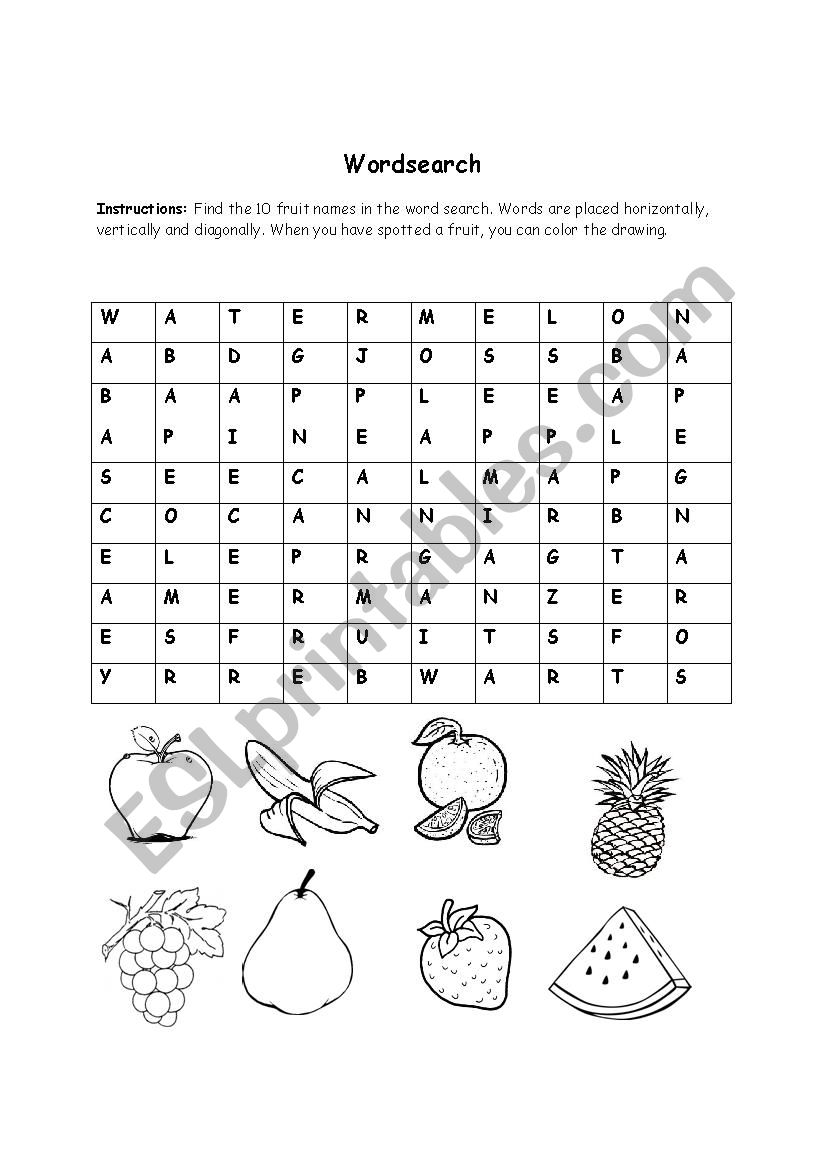 Fruits wordsearch worksheet