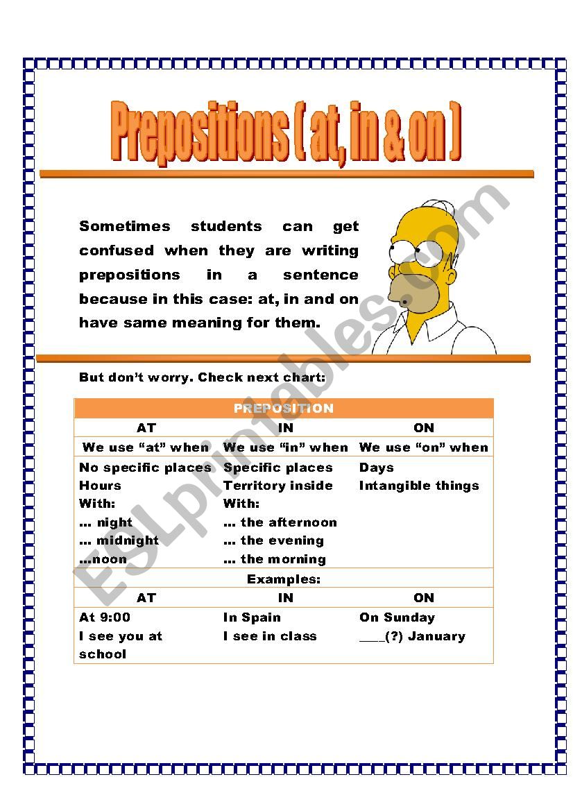 Prepositions at in and on worksheet
