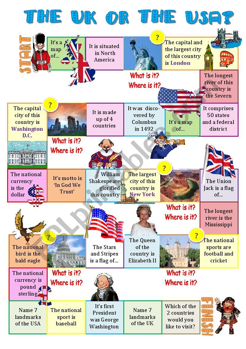 The UK or the USA-board game worksheet