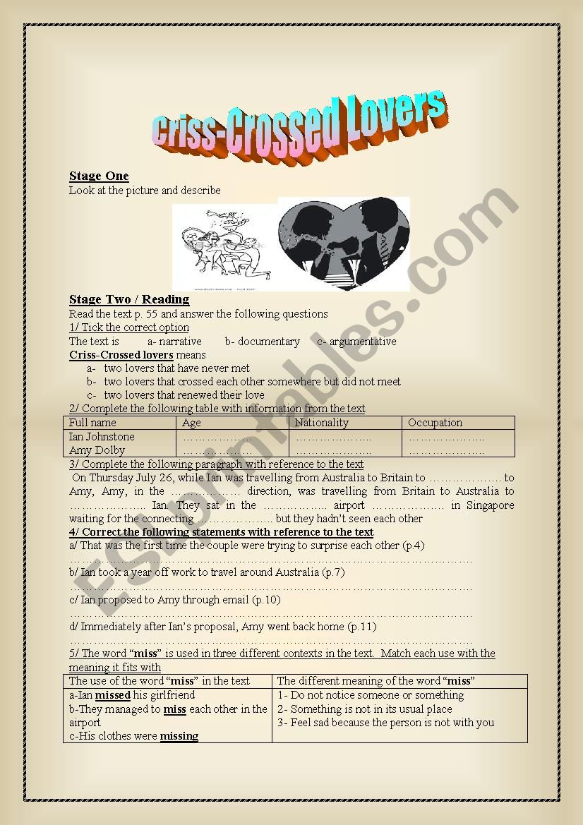 criss-crossed lovers worksheet