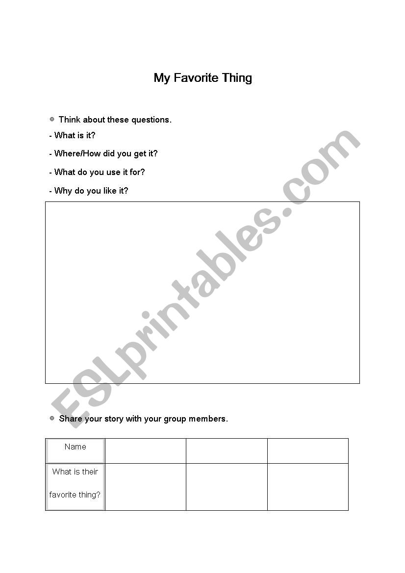 My favorite thing Show&Tell worksheet