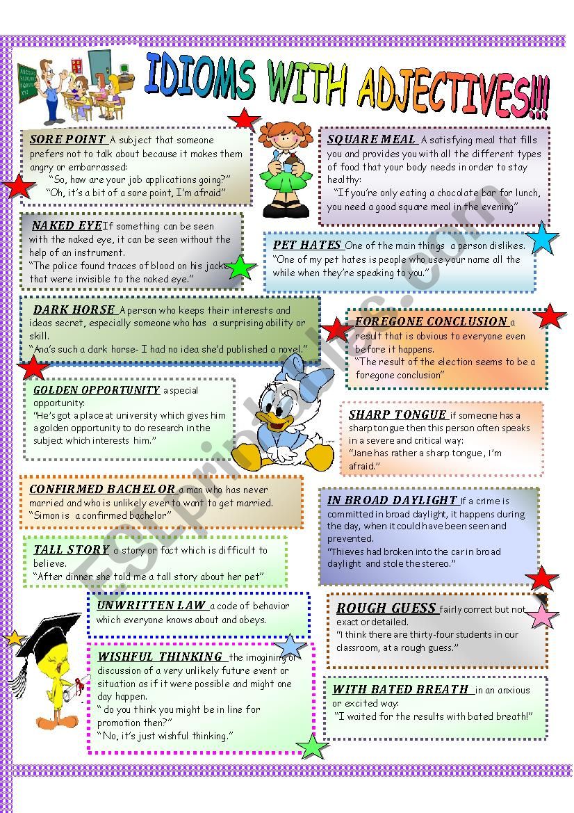 IDIOMS WITH ADJECTIVES AND FIXED PHRASES!!! THIS WORKSHEET INCLUDES 2  PAGES: BRIEF EXPLANATION PLUS EXAMPLES, A WHOLE PAGE PRACTICE AND ITÃ‚Â´S  ANSWER KEY EXPLAINING WHY TO THE ANSWERS... ENJOY IT!!!! ;) -, image size:826x1169