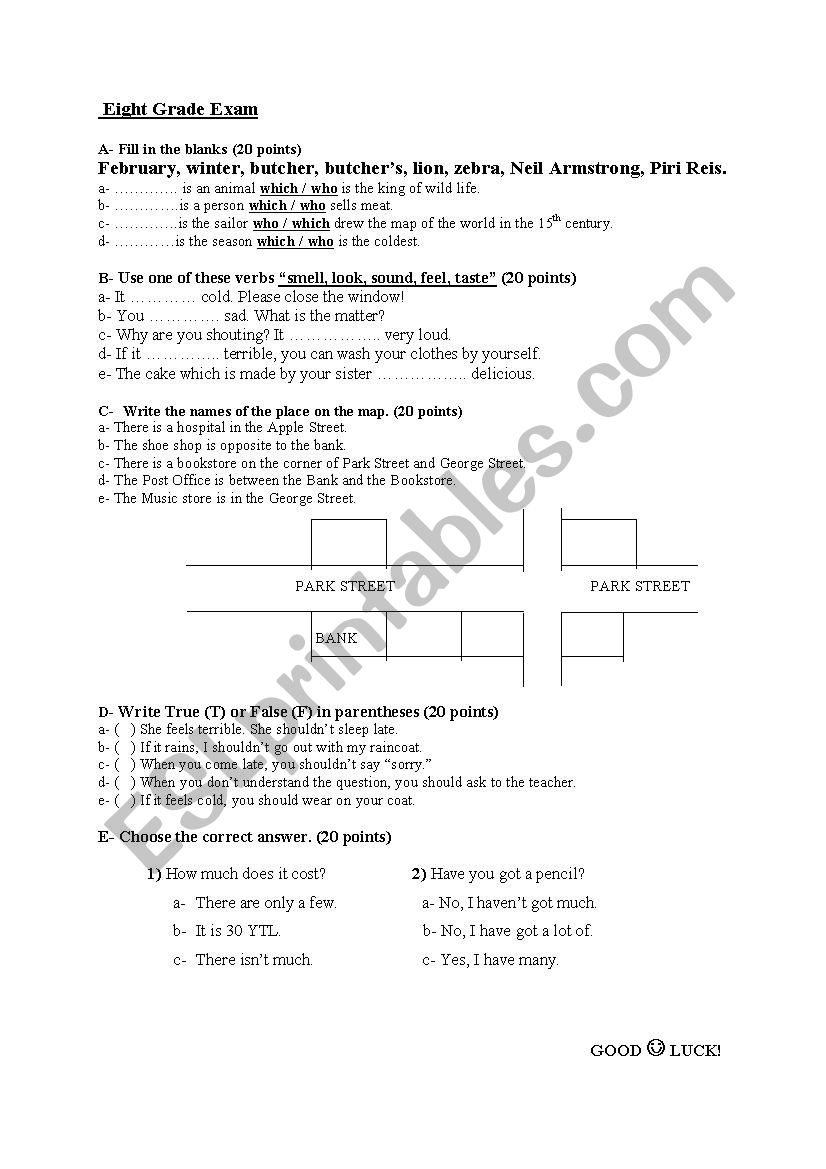 exam worksheet