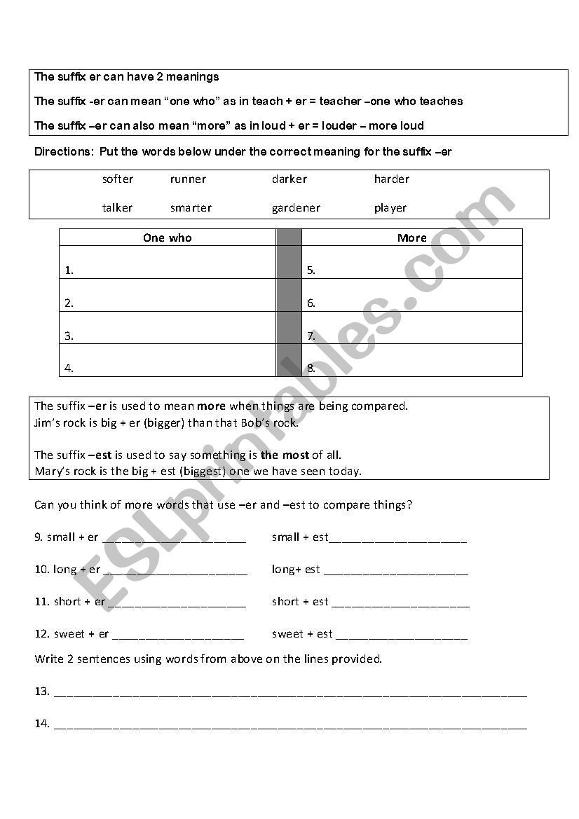 Suffix er and est worksheet