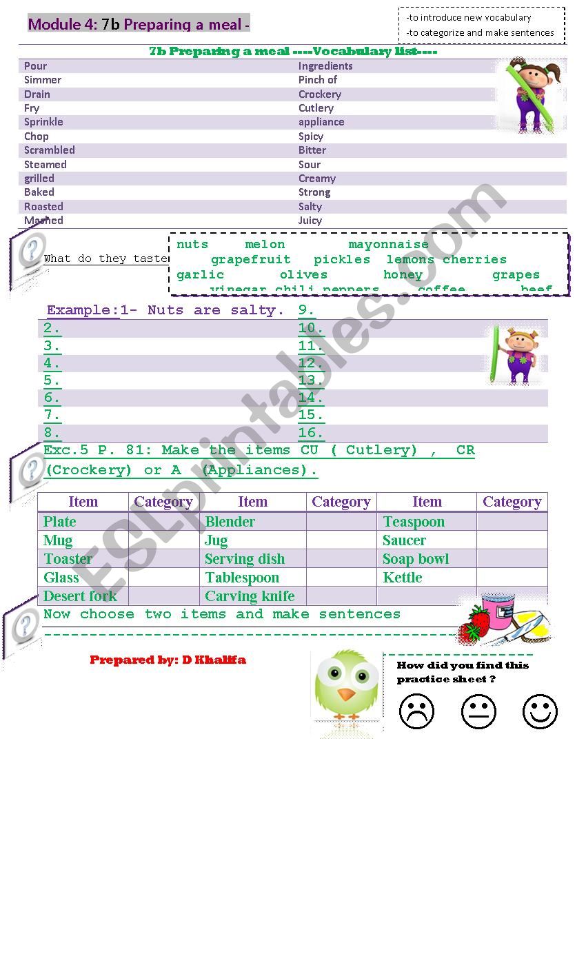 preparing a meal worksheet