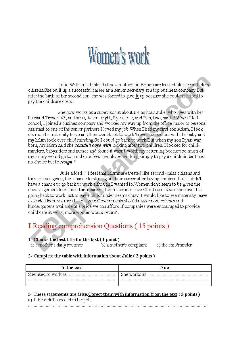 womens work worksheet