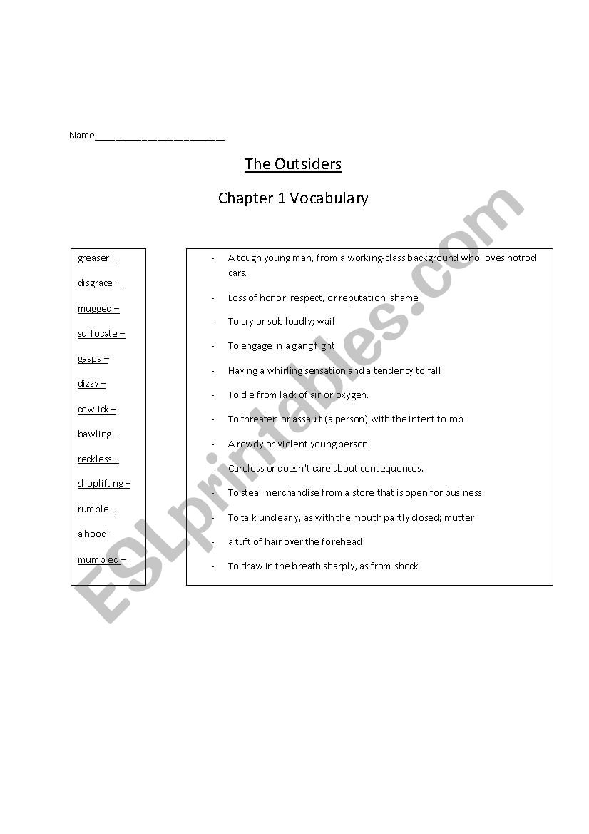 The Outsiders - Chapter 1 Vocabulary part 1