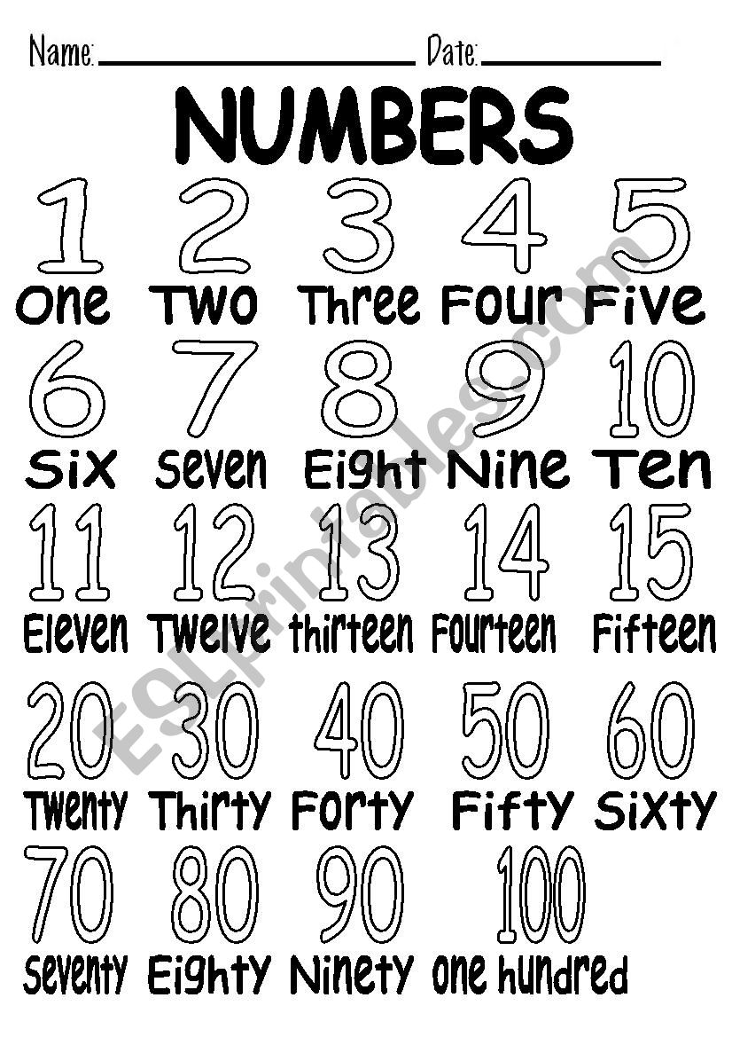 NUMBERS B&W worksheet