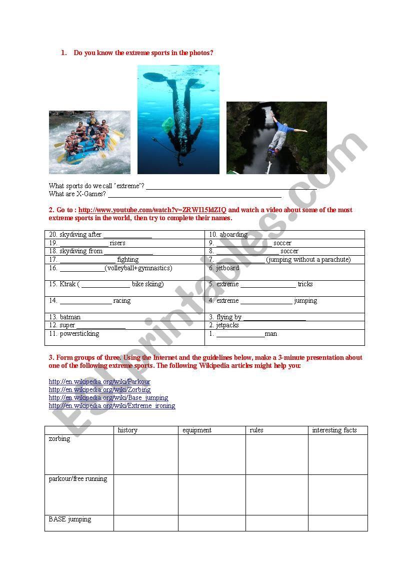 webquest - extreme sports worksheet