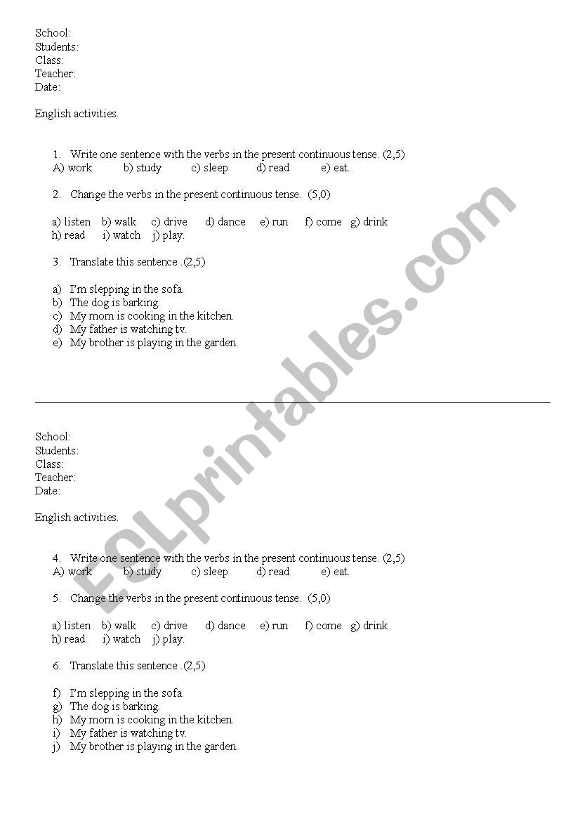 Present continuous Activitie worksheet