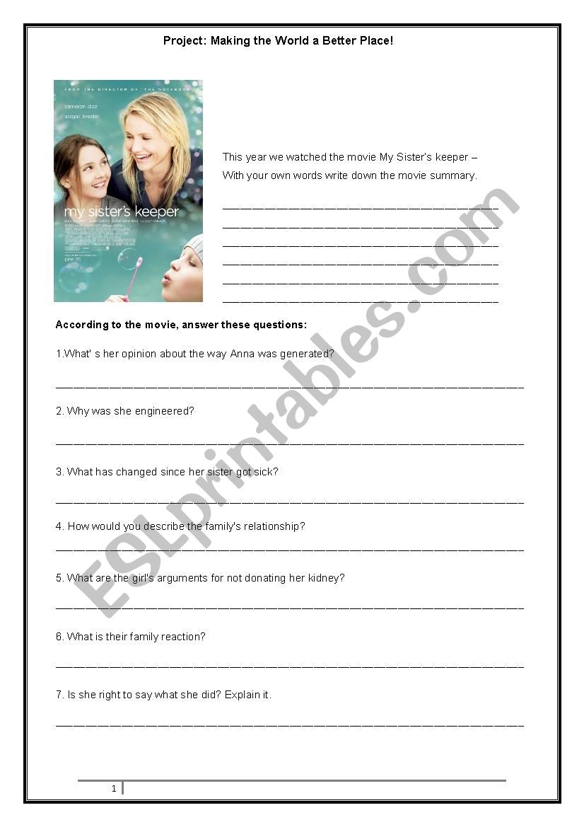 My sisters keeper worksheet