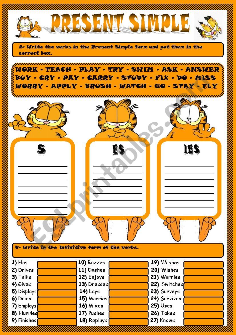 PRESENT SIMPLE WITH GARFIELD - 3 PAGES - EDITABLE - KEY INCLUDED