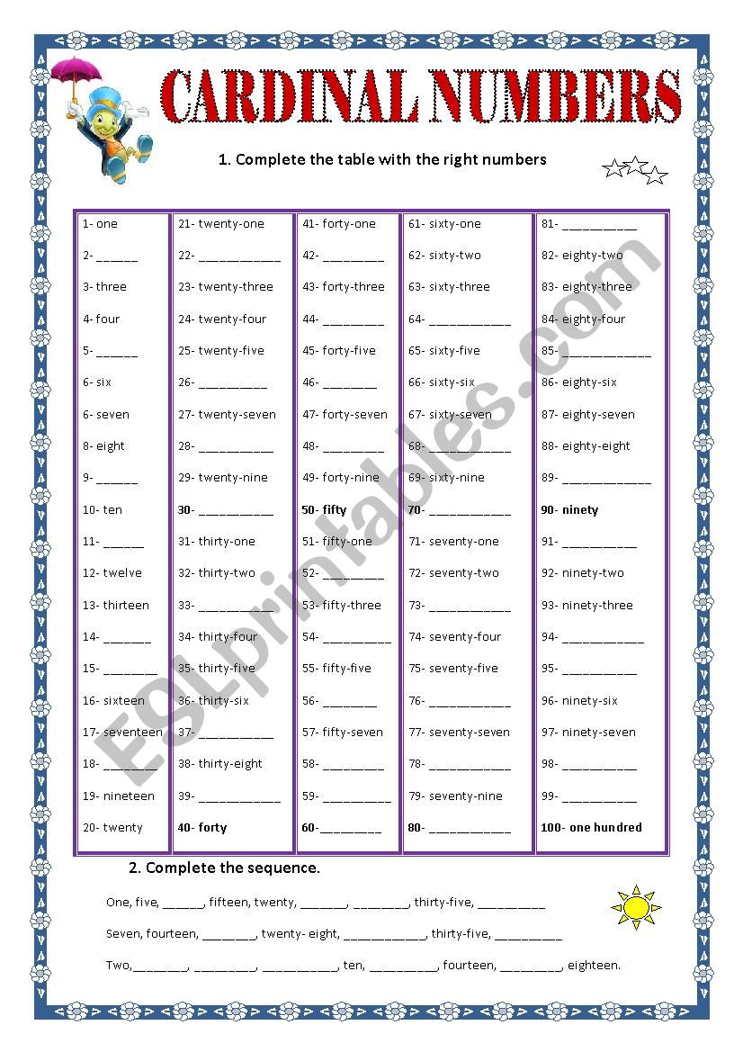 Cardinal Numbers Worksheets For Grade 3