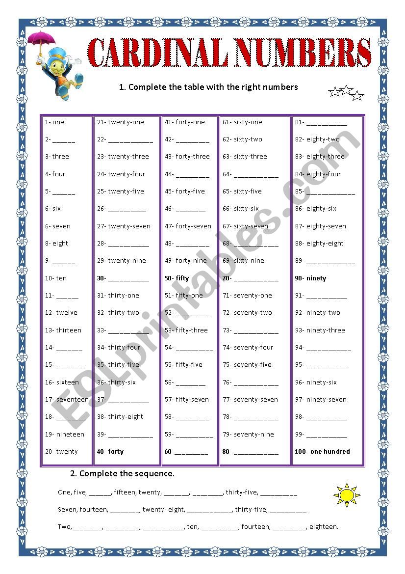 Cardinal Numbers Worksheets Free