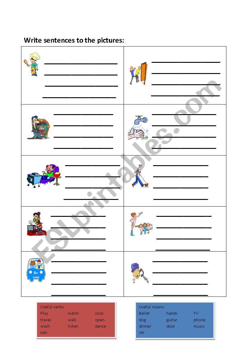 English worksheets Writing scentences using verbs and nouns