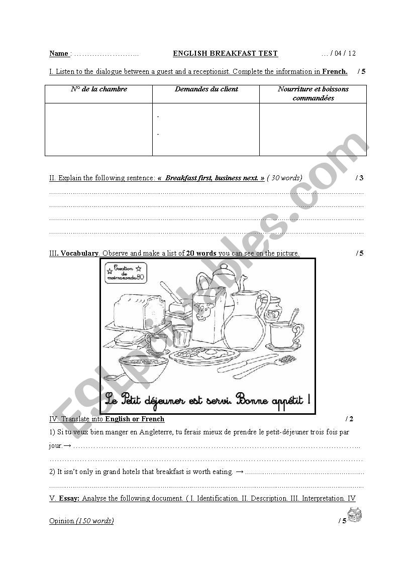 English breakfast test 2 worksheet