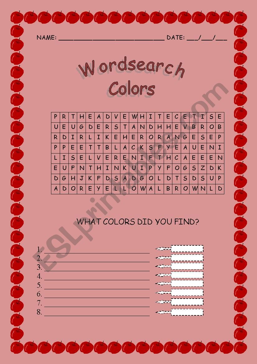 Wordsearch - Colors worksheet