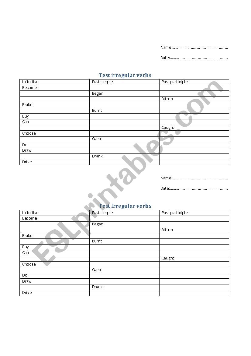 Short test on irregular verbs from B to F