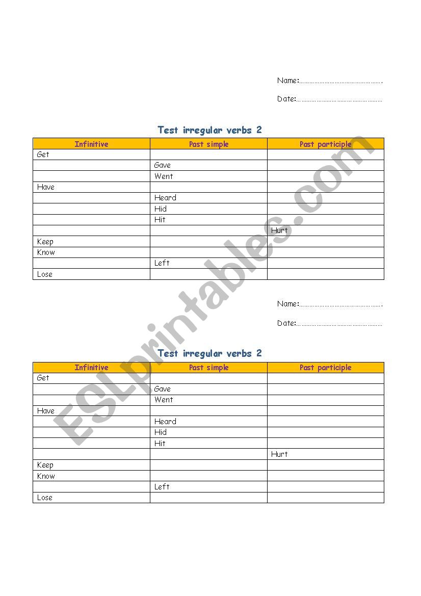 Short test on irregular verbs from G to L