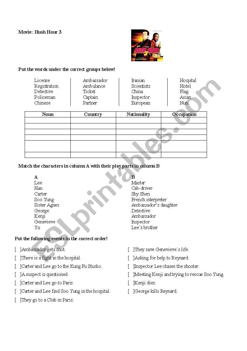 Movie: Rush Hour 3 worksheet